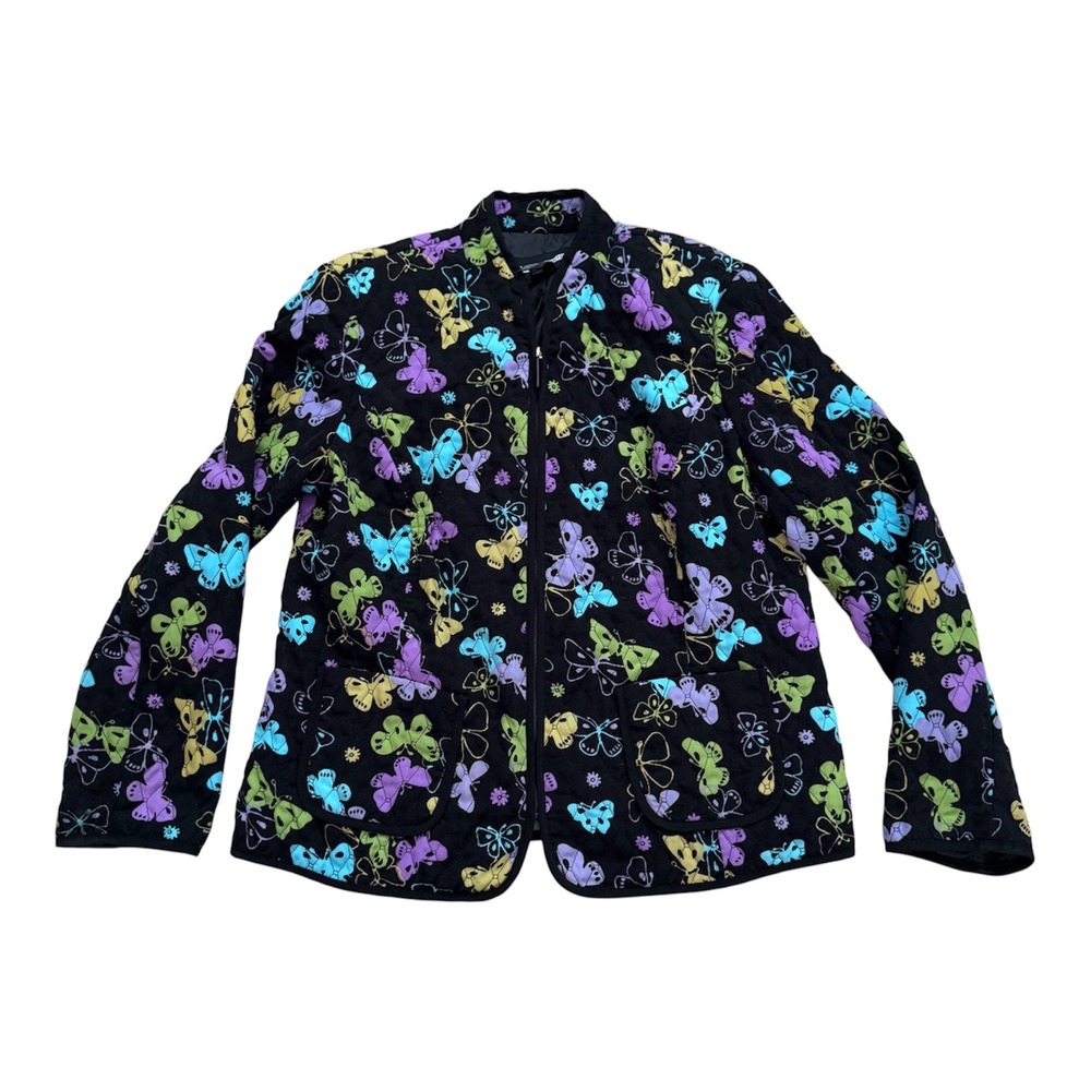 Requirements Butterfly Print Quilted Jacket Black Multi Full Zip Womens Large